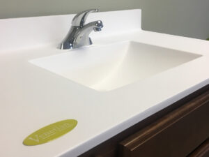 SFI's Venetian brand, cultured marble bathroom vanity sink top in the color 1101 Snow with a matte finish.